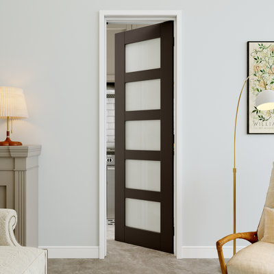 Porte pré-suspendue en verre givré noir 24 po x 80 po à 5 lumières avec charnières noires, dalle de porte d'intimité en verre, insonorisant et imperméable, combinaison pour la lessive, portes de placard, portes de pièce, droite