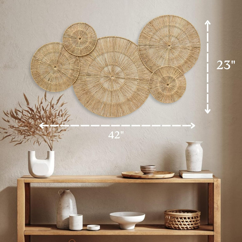 Set Of 5 Woven Wall Baskets, Boho Wall Art & Decorative Basket Set, Farmhouse Wall Hanging, Handwoven Wall Plates For Living Room, Bedroom – 18", 14", 11", 8", 7"