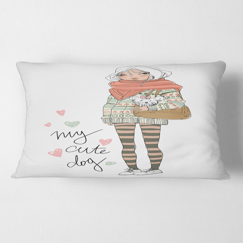 Rectangle,Cute Girl With Dog - Shabby Elegance Printed Throw Pillow