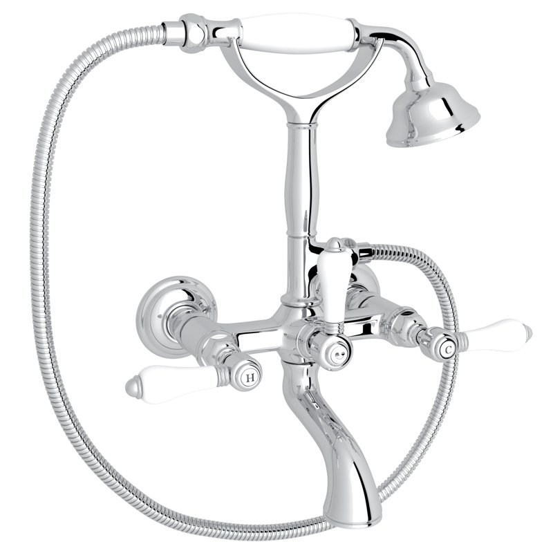 Country Exposed Wall Mount Tub Filler, Porcelain Lever Handle, Polished Chrome