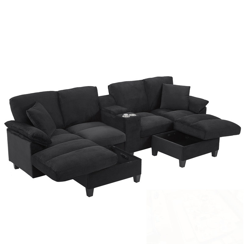U-Shaped Sectional Sofa With Storage Ottomans, Cup Holders And USB Ports, Black Corduroy
