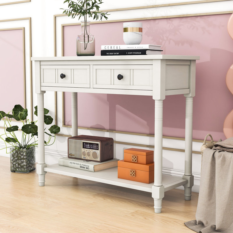 Charmie Wooden Console Table with Two Drawers and Open Shelf for Living Room, Ivory White