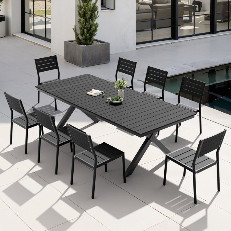 Ensemble de salle à manger de patio en aluminium pour 8 personnes avec l 90,3 po x P 40,5 po avec trou pour parasol et chaises empilables