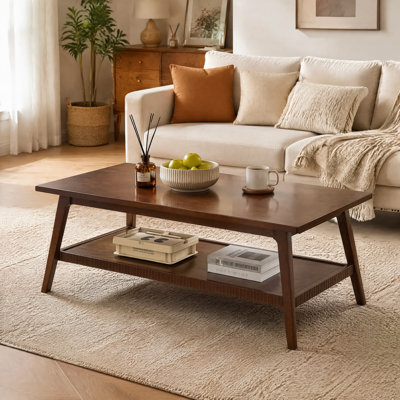 Solid Wood Rectangular Living Room Coffee Table with Lower Open Storage Shelf, Wooden Center Cocktail Table for Home, Apartment and Office