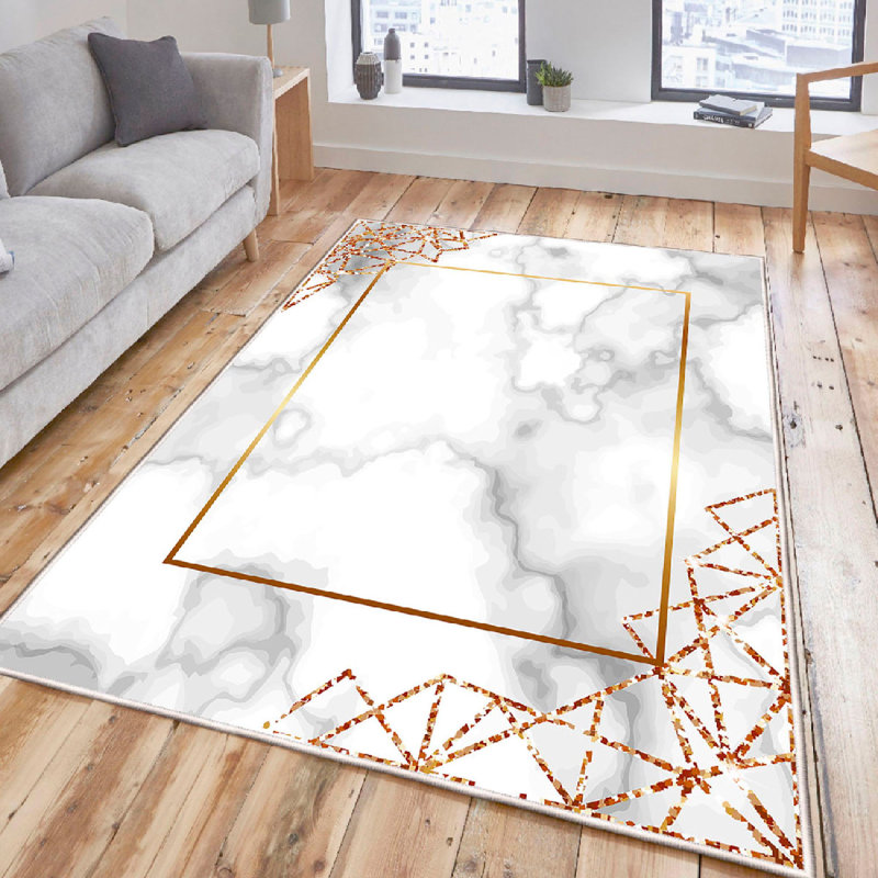 Luxury Cotton Area Rug (31.5 x 19.7 inches), White, Grey & Gold | 100% Cotton, 1.4 lbs/sq ft, 0.4 in Pile Height | Antibacterial, Non-Slip PVC Underside, Machine Washable | Elegant Design for Living Room & Bedroom