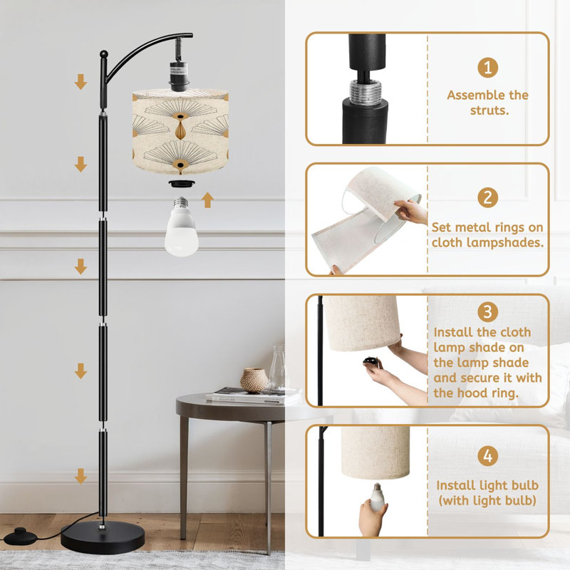  Arc Floor Lamp Vintage Art Deco Seamless Geometric decorative Tall Modern Standing Lamp LED Adjustable Linen Lampshade 3 Color Temperatures