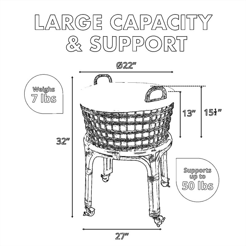 Handwoven Wicker Laundry Basket With Rolling Stand, Removable Liner, And Locking Wheels For Easy Multi-Room Laundry Transport