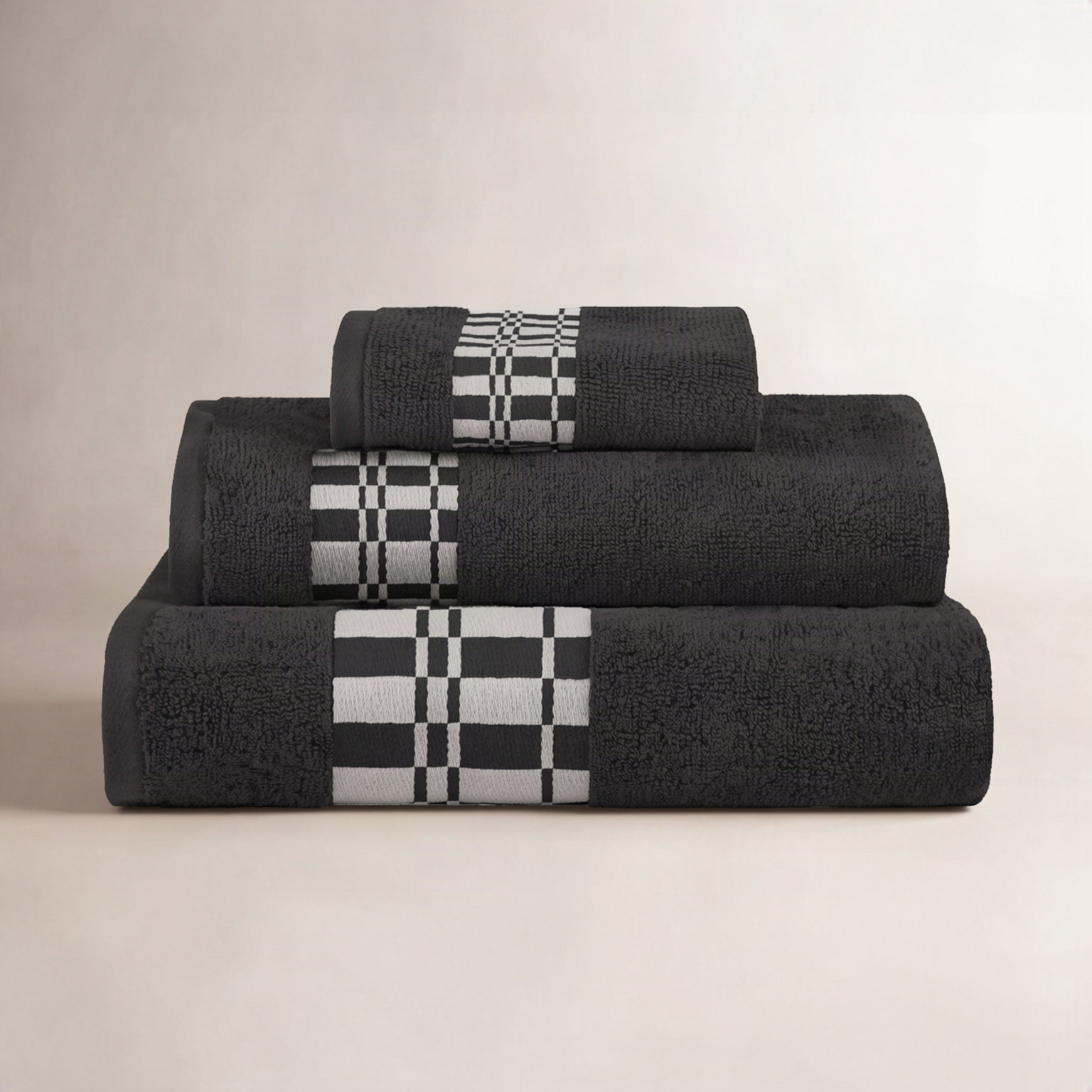 Davis 3-Piece Geometric Cotton Towel Set, Black