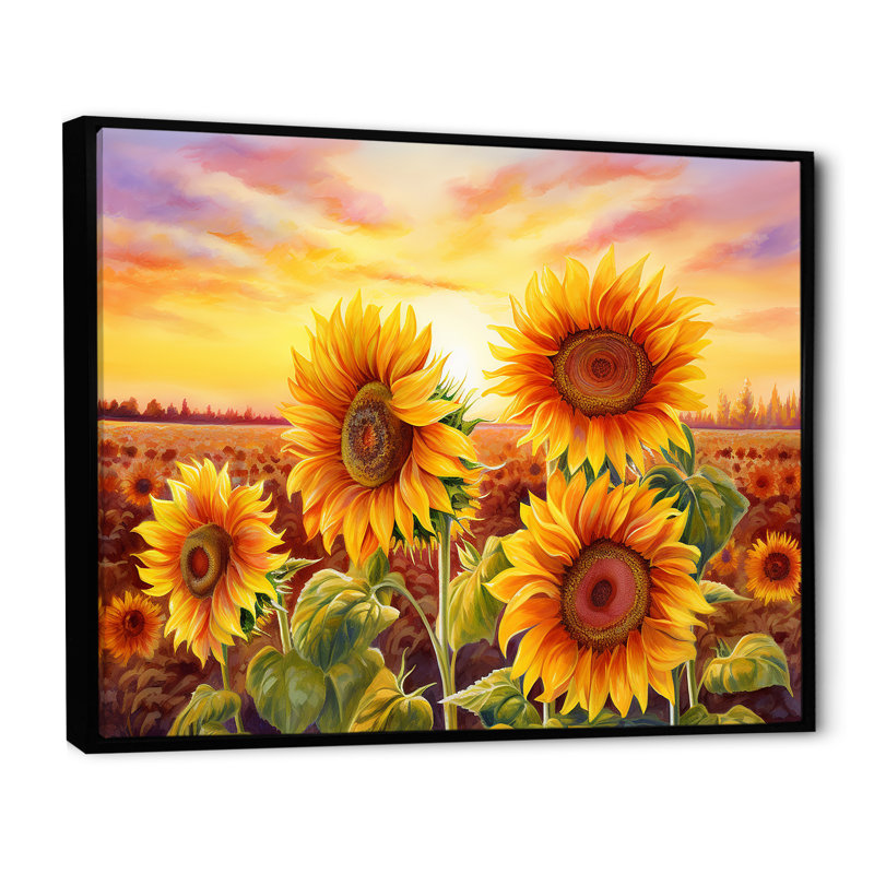 «Burning Sunset Sunflowers Field» sur toile, H 34 po x l 44 po x P 1,5 po, Cadre flottant noir