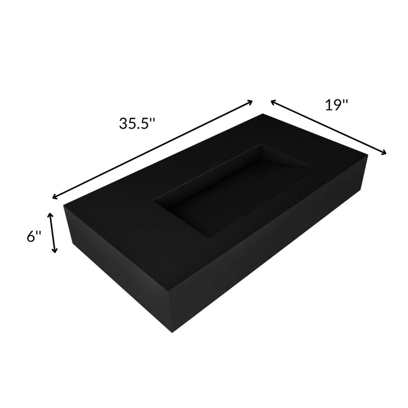 Pyramid 36" Wall Mounted Rectangular Solid Surface Bathroom Sink in Matte Finish - Black, No Faucet Hole, Black, No Hole