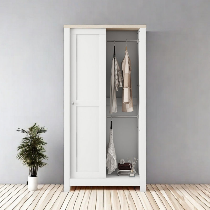 Garde-robe de chambre à coucher avec tringles suspendues, 2 tiroirs et tablettes ouvertes, porte coulissante, blanc