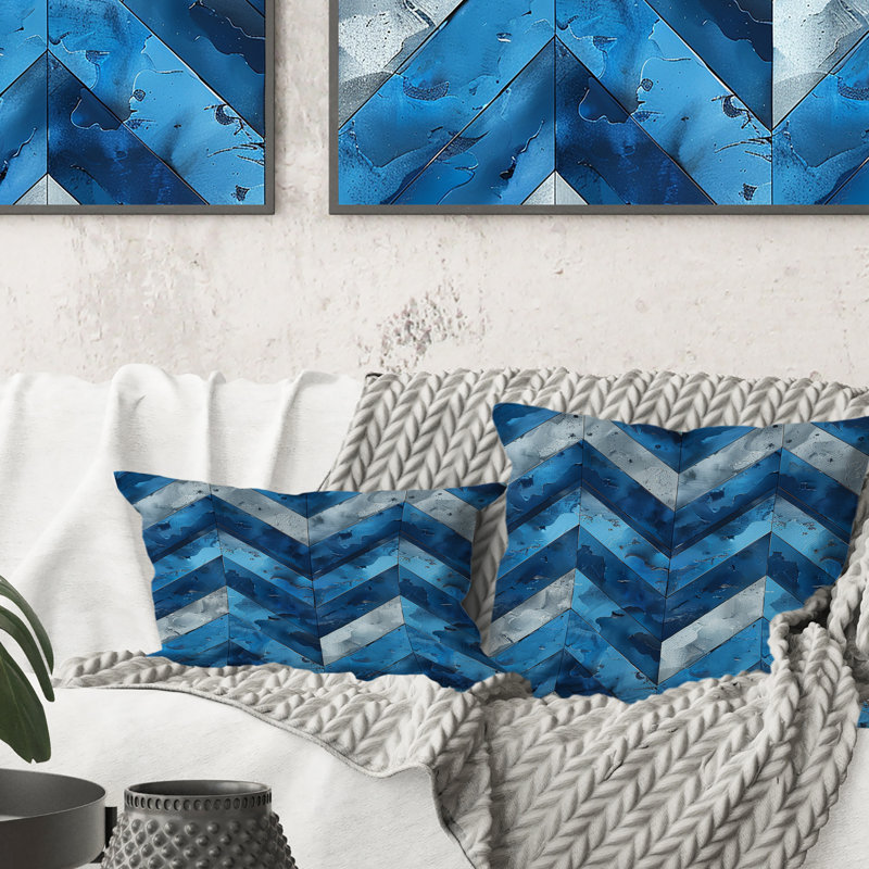 Imprimé à chevrons bleus I - Coussin décoratif moderne, H 16 po x l 16 po
