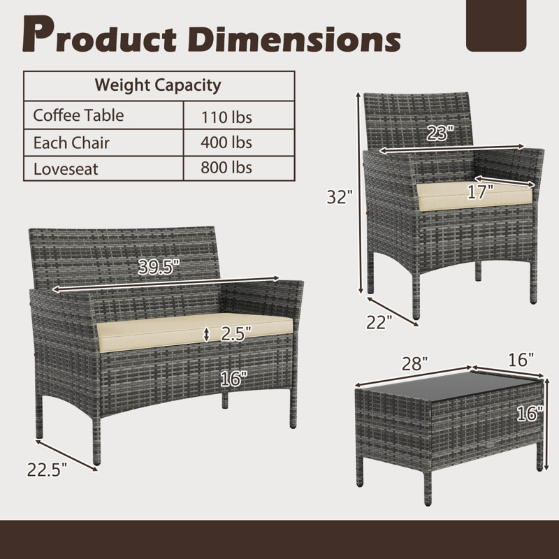 Ensemble de 8 meubles de patio avec coussins lavables et table basse en verre trempé, Beige