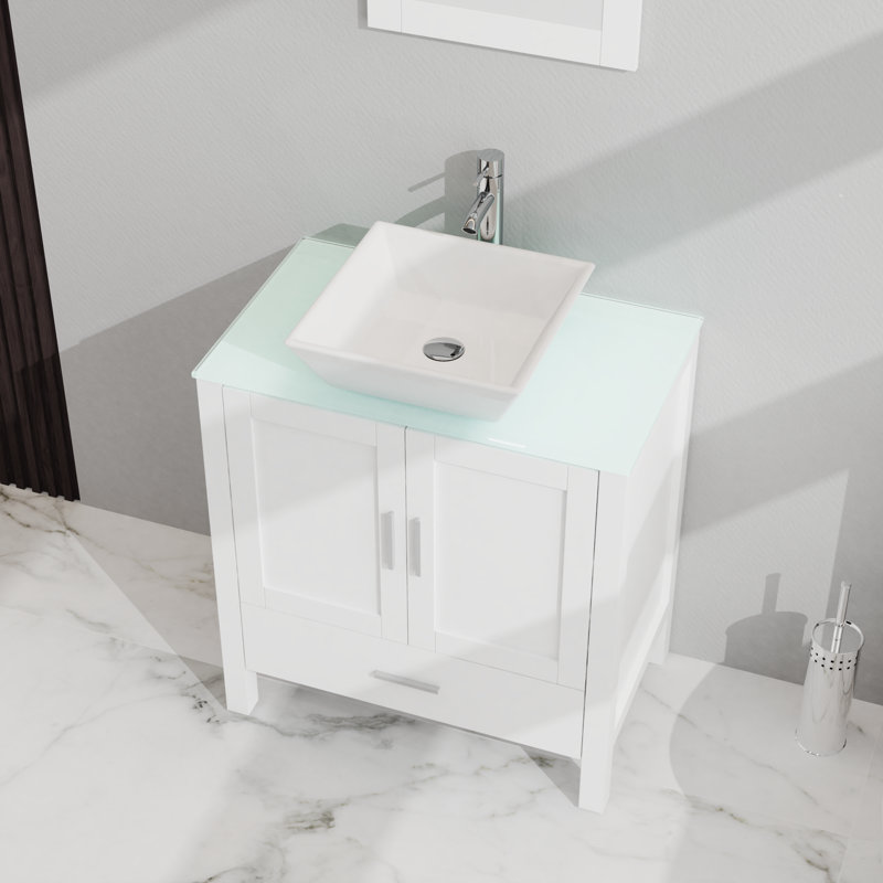 Meuble-lavabo de 30 po avec plateau en verre, lavabo en céramique, miroir et tiroir Boden, Blanc
