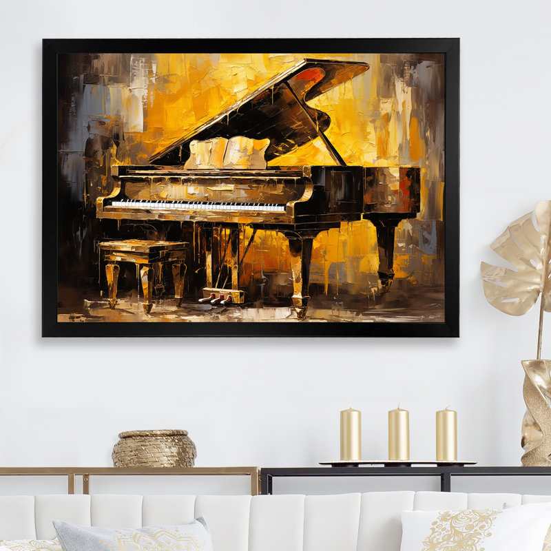 «Yellow and Black Piano Jazzed Keys II», impressions sur toile de piano, H 12 po x l 20 po x P 1 po, Cadre simple noir
