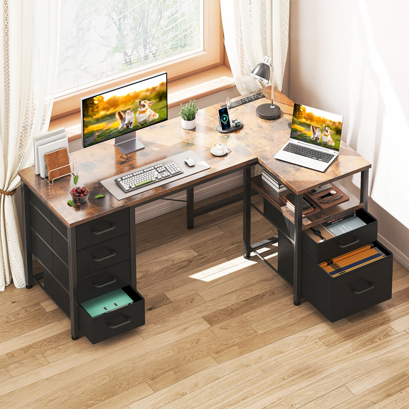 L-shaped Desk With 5-tier Under-desk Drawers,reversible Desk With Large Cabinet, Writing Desk With Power Outlets, Home Office Desk  With Cpu Stand