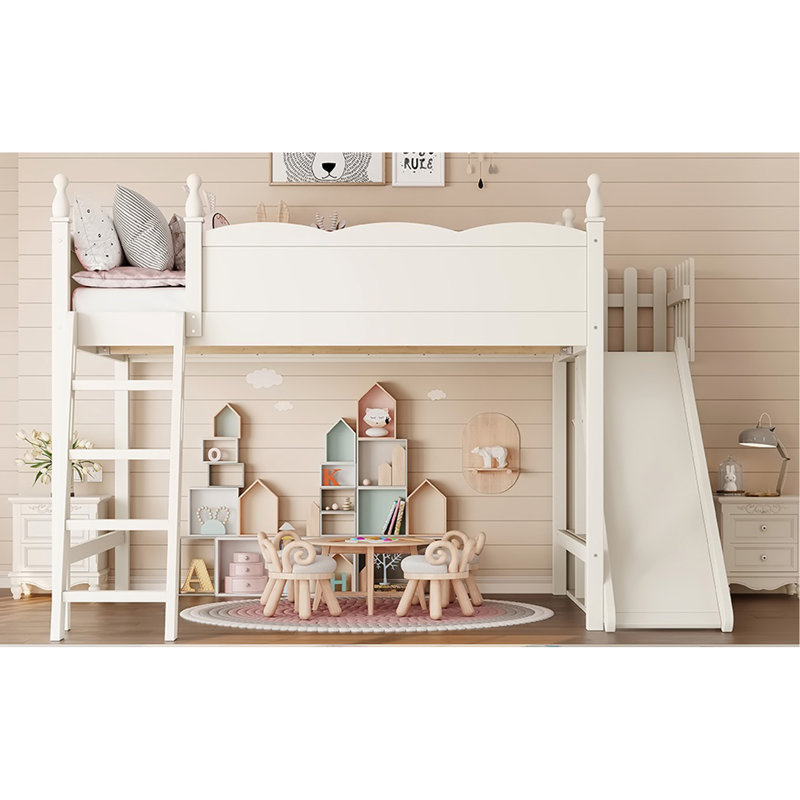 Grand lit mezzanine avec tablettes de rangement et garde-robe, lits mezzanine en bois massif avec glissières et échelles amovibles, aucune boîte à ressorts nécessaire, beige (protection par brevet)