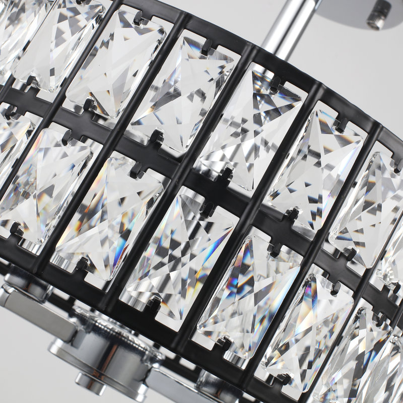 Lustre 3 lumières semi-encastré avec abat-jour tambour en cristal 3 lumières, Noir / chrome