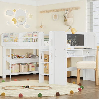 Lit mezzanine simple avec bibliothèques, boîtes et tiroirs à rangement multiples, lits mezzanine bas en bois massif avec bureau et tableau noir, aucun sommier nécessaire, blanc
