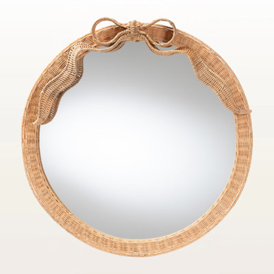 Alaire Round Rattan Wall Mirror with Handwoven Wicker Frame and Decorative Bow Accent
