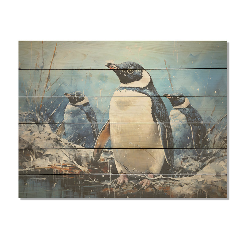Snowy Penguin Family Wonders I - Penguin Wood Art On Natural Pine Wood, 10" H x 20" W