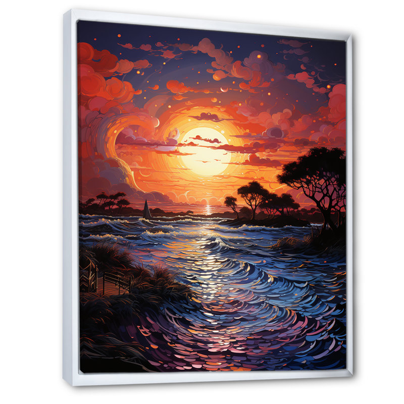 Maegann Sunset Sunset Reverie Pointillism II, H 32 po x l 24 po x P 1 po, Cadre flottant blanc