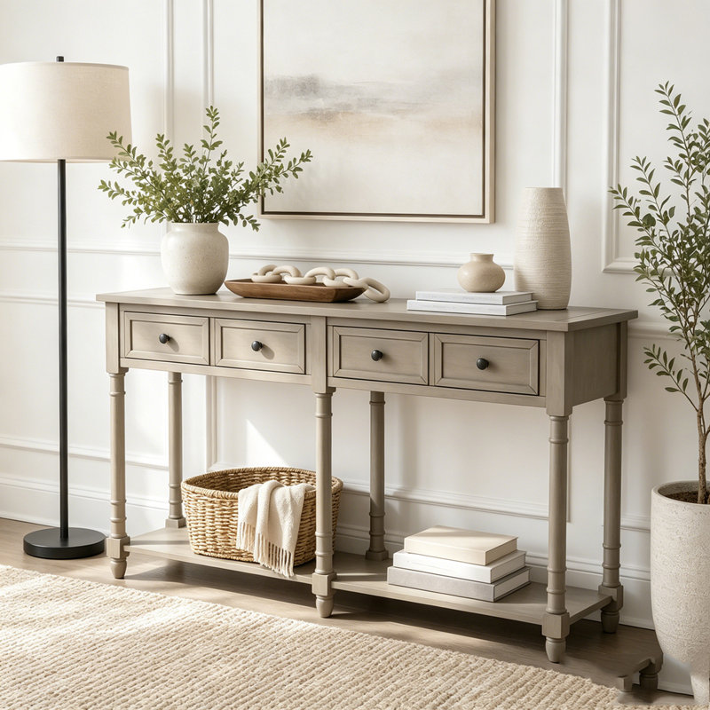 Console rustique avec deux tiroirs et tablette inférieure, Grey Wash