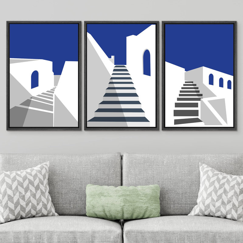 " Mediterranean Greece Blue Architecture Places Country Illustration Modern Bohemian Scenic Ultra " 3 - Pieces, Noir