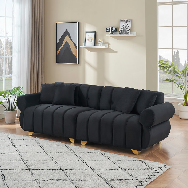 " modern 3-seater flannelette sofa | spring-wrapped cushions | stylish metal feet | 4 throw pillows | living room & bedroom