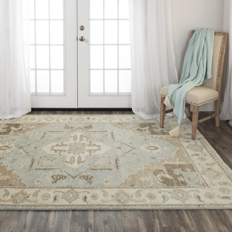 Tapis oriental bleu / beige / cèdre en laine noué à la main Belmont, Rectangle 2 pi x 3 pi