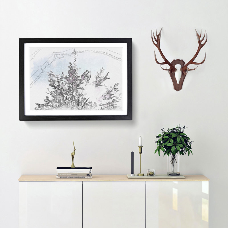 Pink Japanese Cherry Tree in Spring Sketch - Picture Frame Graphic Art Print, 36cm H x 48cm W x 2cm D, Black Framed