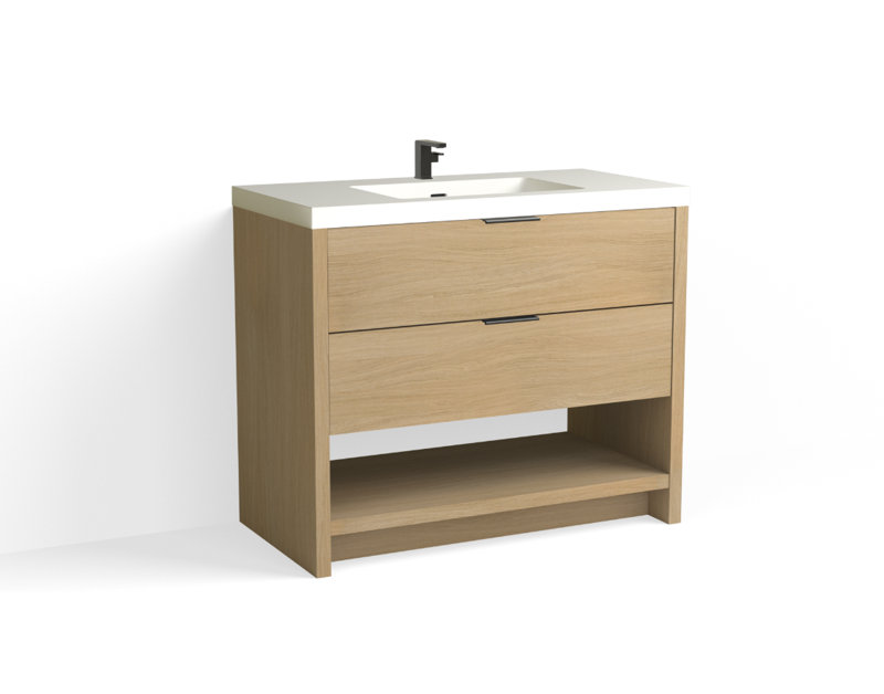 Vue 42" W Freestanding Single Bathroom Vanity, Satin Brass, White Nanomatte, Matte White/8" Widespread