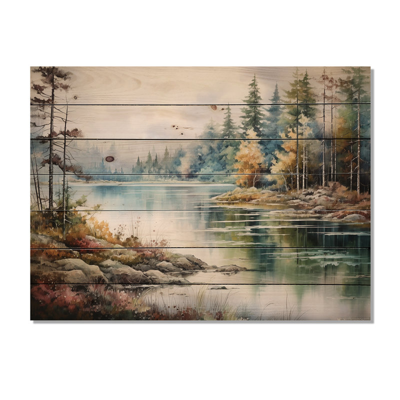 Lakes Rivers Scandinavian Tranquility - Lake River Wood Wall Art On Natural Pine Wood, 30" H x 40" W