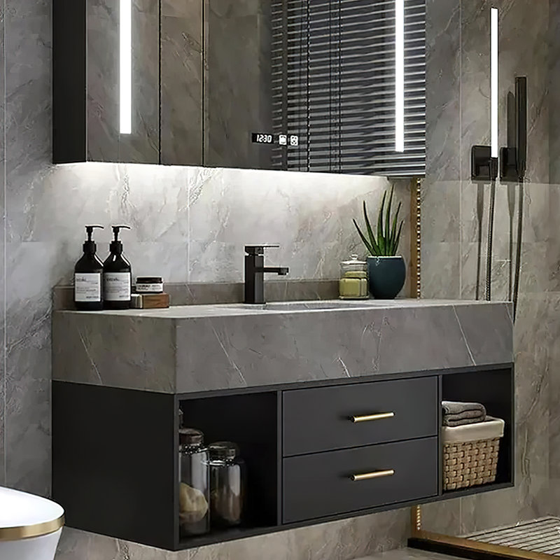 Guiles Modern 39.4" Floating Bathroom Vanity with Burnished Stone Top and Gold Handles, Wall Mounted Sink Cabinet, Black