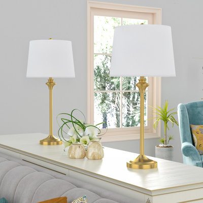 Lampe de table moderne en laiton poli L 26 po avec interrupteur à bouton et abat-jour en lin L chariot