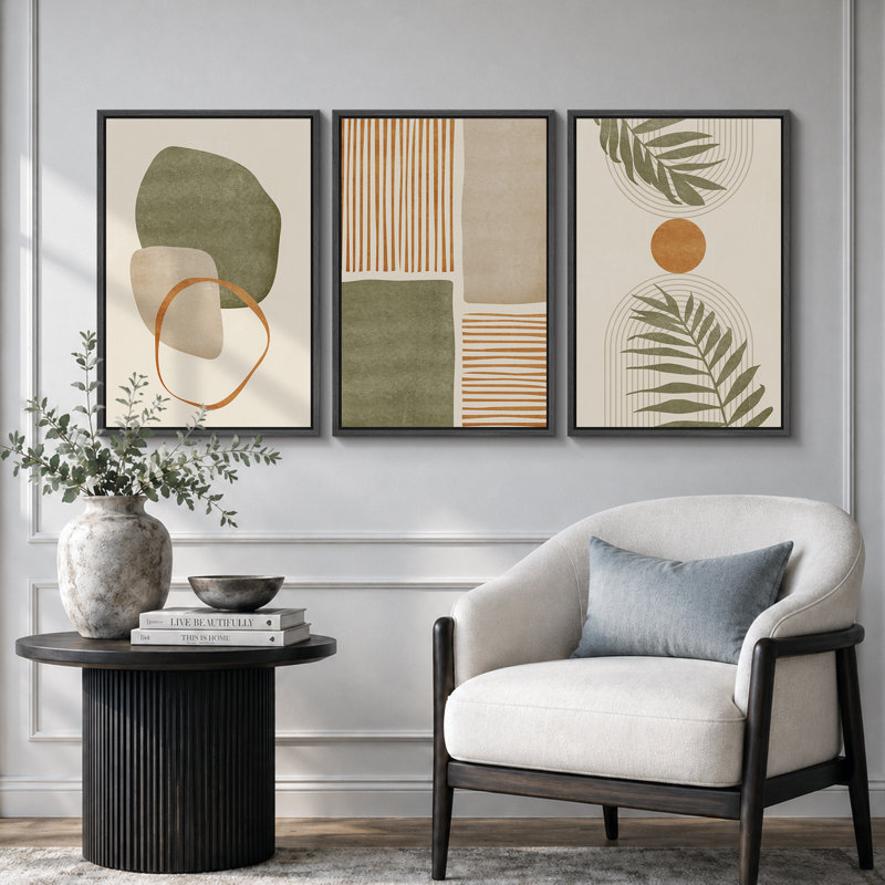 «Mid Century Modern Boho», feuille organique tropicale organique, images chaudes abstraites neutres, impression sur toile encadrée, 3 pièces