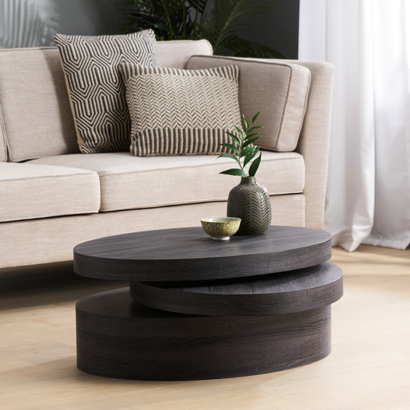 Table basse ovale pivotante de style décontracté, idéale pour le salon. Bureau d'appoint pivotant contemporain noir.