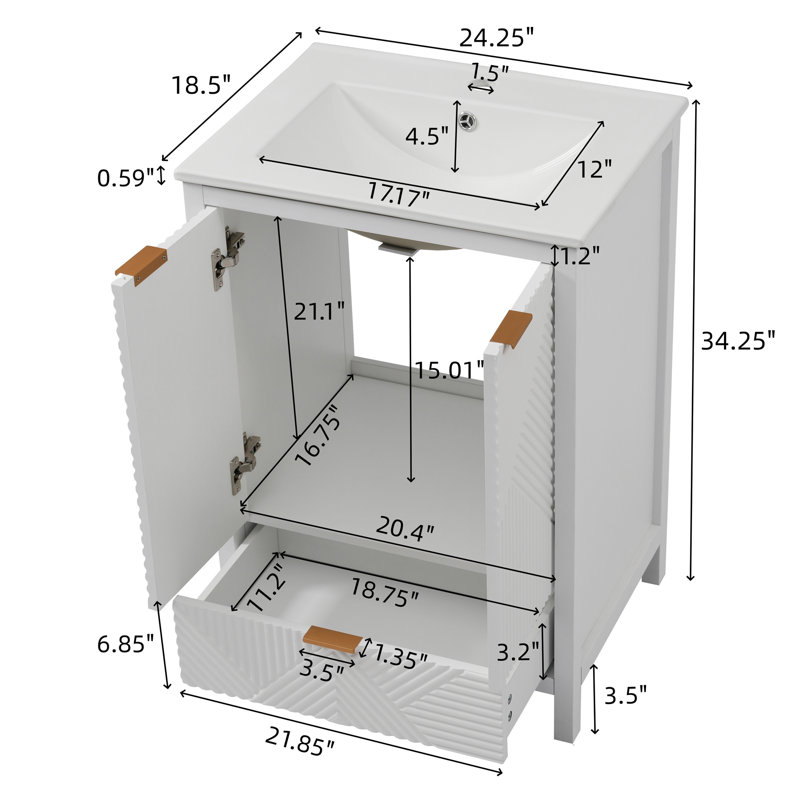 24'' Classic Bathroom Vanity With Ceramic Top, White