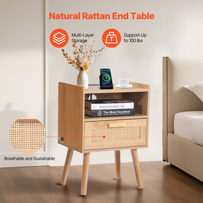 Rattan Nightstand End Table with Open Shelf Boho Bedside Table, 1 Drawer