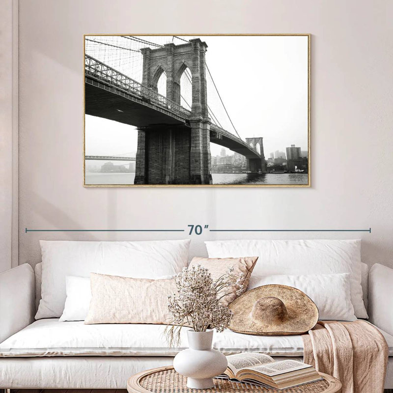 Pont monochromatique de Brooklyn, Cadre flottant en bois naturel, 46 po x 31 po