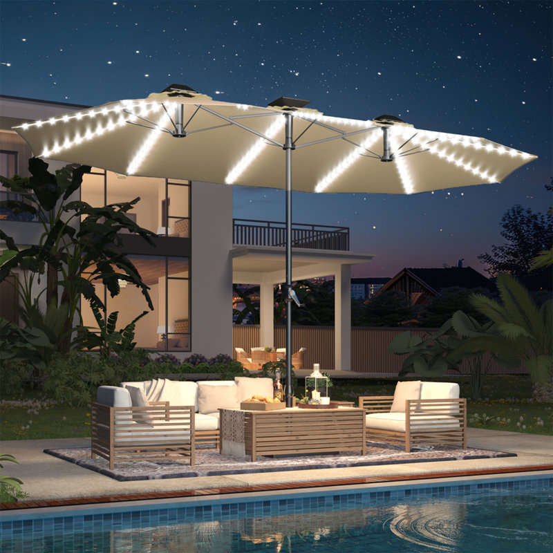 Grand parasol double 15 pi avec lumières solaires, Tanné
