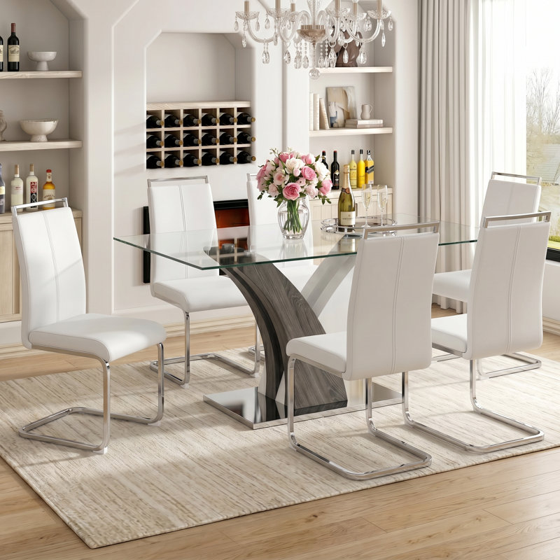 7-Piece Modern 63" Rectangular Tempered Glass Dining Set with Faux Leather Cantilever Chairs, 7 Pieces: Table, 6 Chairs