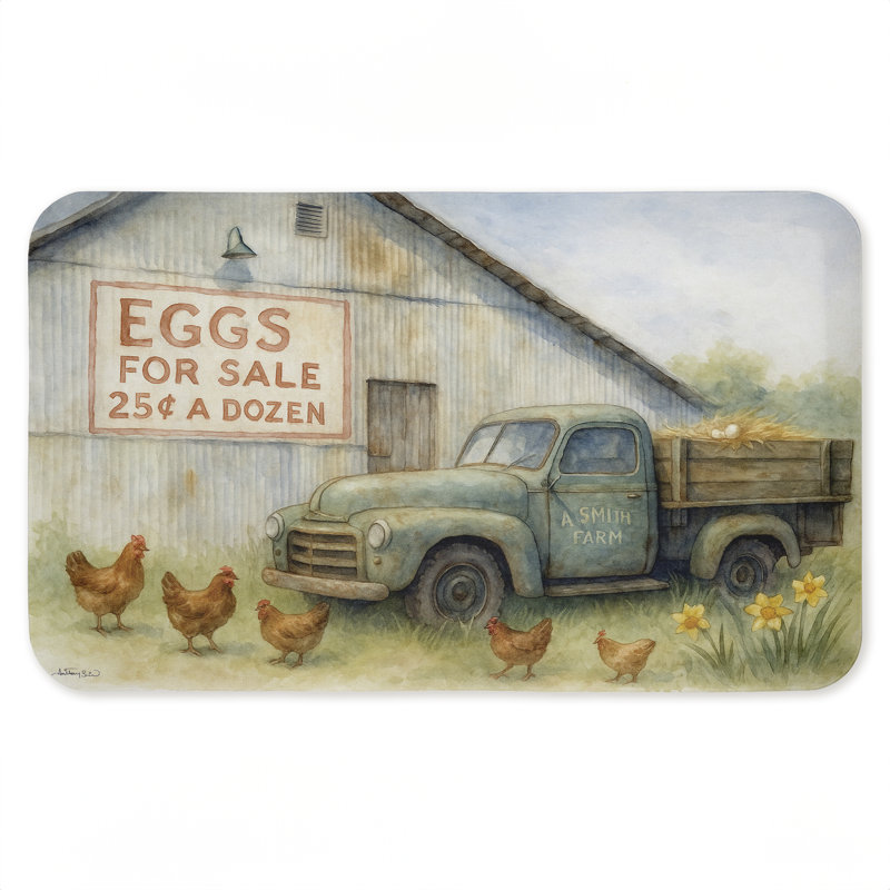 Tapis de sol anti-fatigue imprimé à la ferme Eggs For Sale, par Antony Smith, 30 po x 18 po