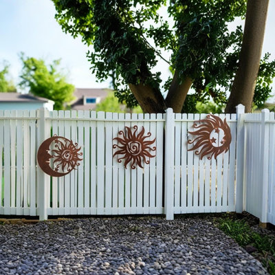 Set of 3 Rust Colored Sun Moon Metal Wall Art, Rust Proof Indoor Outdoor Farmhouse Patio Bedroom Decor