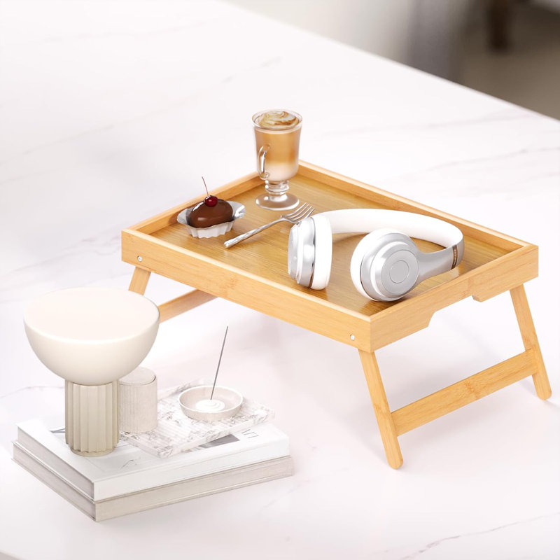 Ensemble de 2 tables-plateaux en bambou avec pieds pliables, plateaux de petit-déjeuner, plateau de service pour les aliments et les collations, plateaux pour ordinateur portable pour travailler
