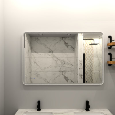 White Iron Frame Lighted Mirror With Fog And Enhanced Illumination Effect Stepless Color Adjustment Led Bathroom