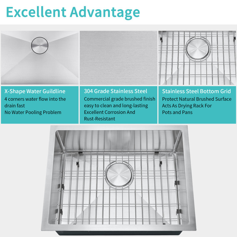 ATTOP 23 Inch Single Bowl Undermount Stainless Steel Kitchen Sink with Bottom Grid