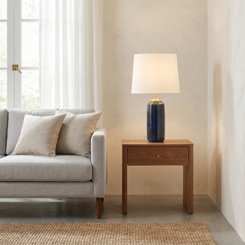 Thomas O'Brien Cato 1 Light Bedroom Home Office Living Room Lamp With White Linen Shade, Blue