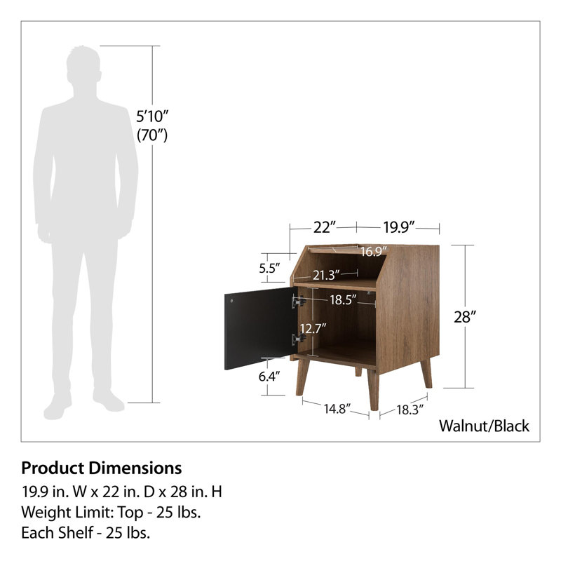Walnut and Black Engineered Wood Mid-Century Modern End Table