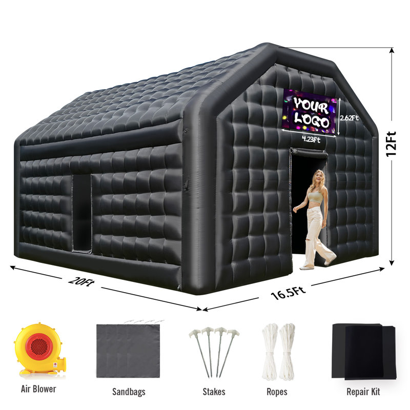 Cabine de réception portable gonflable noire 20 'x 16,5' avec ventilateur, H 143 po x l 236,22 po x P 236,22 po, Noir